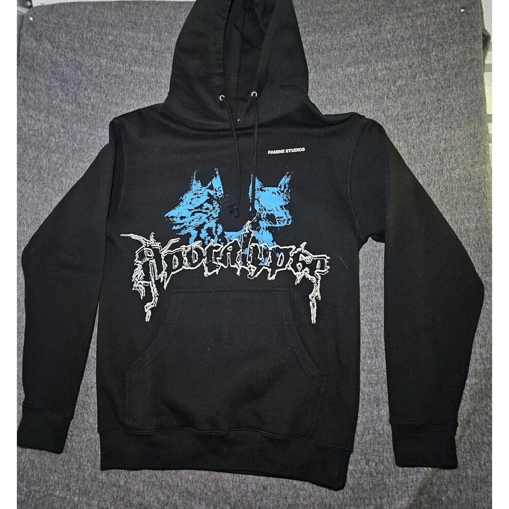 Famine Studios Apocalypse Hoodie Mens Small Black Blue Graphic Streetwear